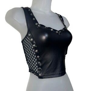 New Small Vegan Leather Goth Sleeveless Mesh Studded Crop Tank Top Bustier